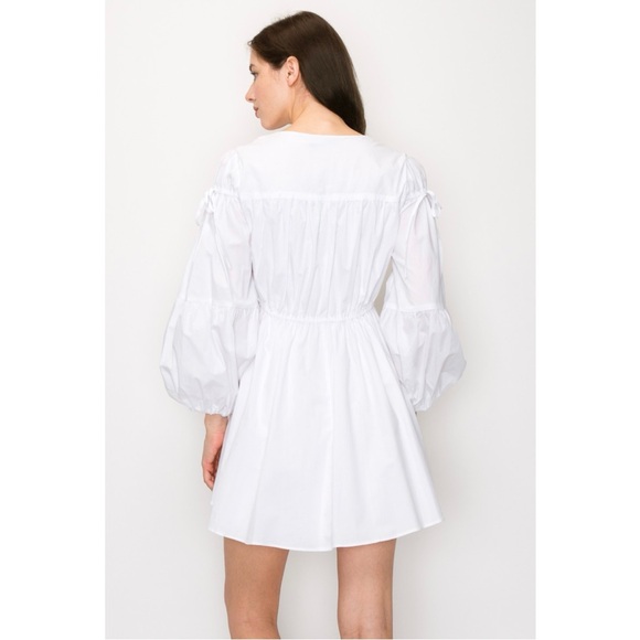White 100% Cotton Lantern Sleeve Gather Tie Detail Mini Dress - Picture 5 of 5